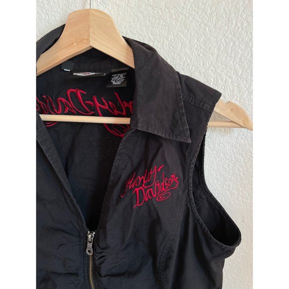 Harley Davidson Black Sleeveless Vest Red Logo Vintage Bling Full Zip Women's Me - Picture 3 of 5